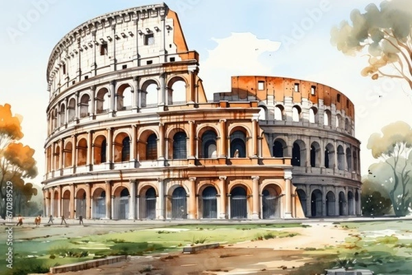 Obraz Watercolor Roman Colosseum with paint splatter. Ancient Roman amphitheater. Capital of Italy