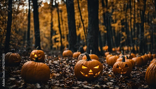 Obraz Halloween pumpkins in the forest at night.Halloween background with Evil Pumpkin. Spooky scary dark Night forrest. Holiday event halloween banner background concept