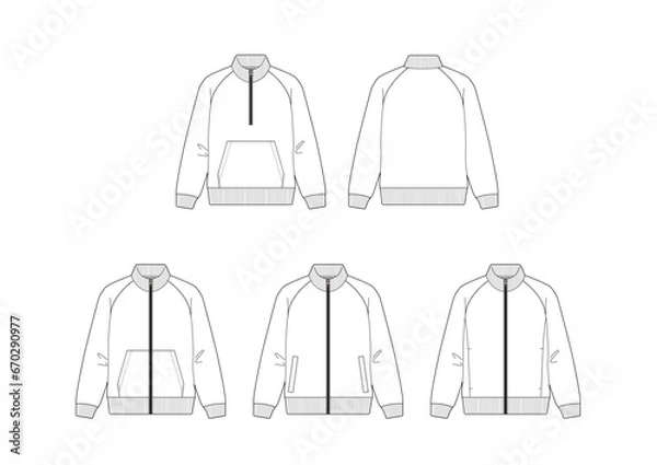 Fototapeta ジップアップスウェットブルゾンのイラストセット/衿リブ/スウェットハンガーイラスト