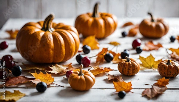 Obraz Festive autumn decor from pumpkins, berries and leaves on a white wooden background. Concept of Thanksgiving day or Halloween. Flat lay autumn composition with copy space