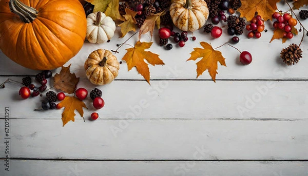Obraz Festive autumn decor from pumpkins, berries and leaves on a white wooden background. Concept of Thanksgiving day or Halloween. Flat lay autumn composition with copy space