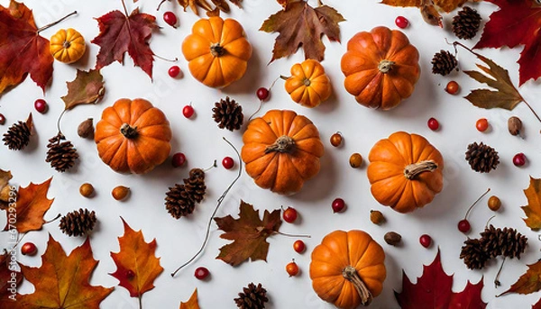 Obraz Festive autumn decor from pumpkins, berries and leaves on a white wooden background. Concept of Thanksgiving day or Halloween. Flat lay autumn composition with copy space