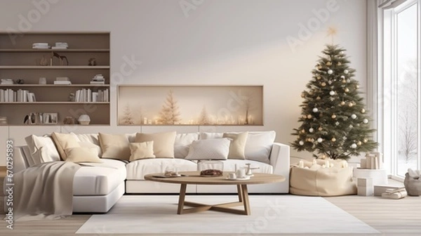 Fototapeta photograph of a modern living room with white and natural wood furniture in minimalist design decorated with a christmas tree and lights