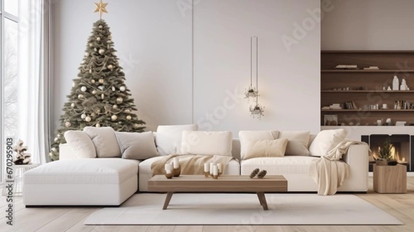 Fototapeta photograph of a modern living room with white and natural wood furniture in minimalist design decorated with a christmas tree and lights