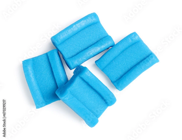 Fototapeta Tasty blue bubble gums isolated on white, top view
