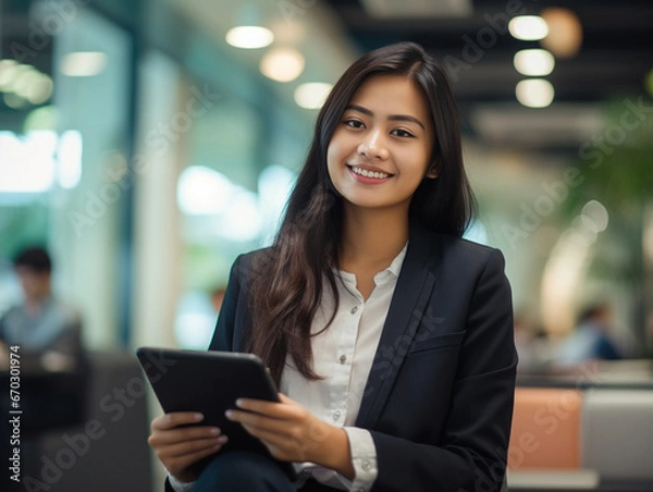 Fototapeta A photo of a 25 year old female filipino lawyer, sitting down holding a tablet, wearing business casual, impressive office in the background - Generative AI