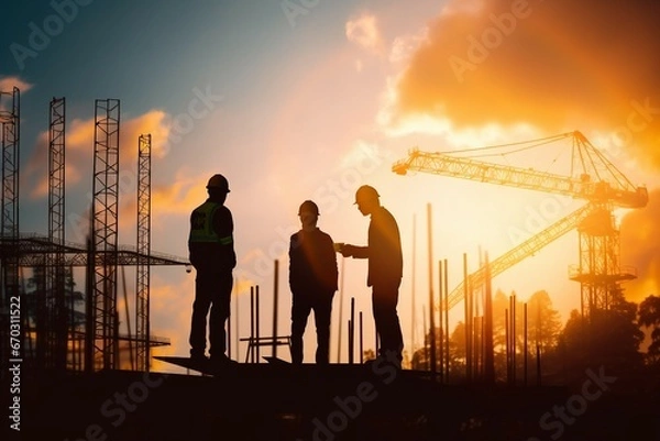 Fototapeta scuss construction orders standing engineer silhouette industry industrial engineering business energy background estate metal building site power men at work contractor real equipment