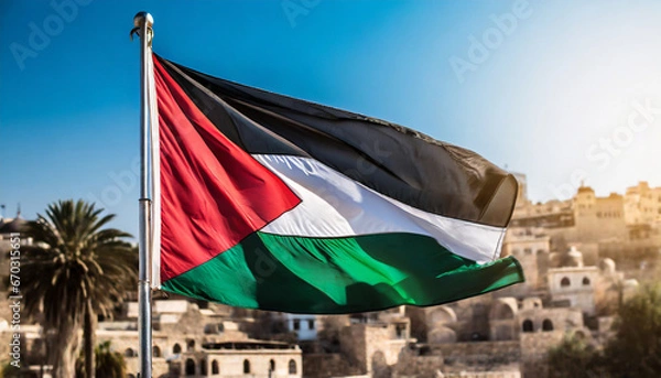 Obraz The Palestinian flag flutters in the wind against a backdrop of a clear blue sky and bright sunshine