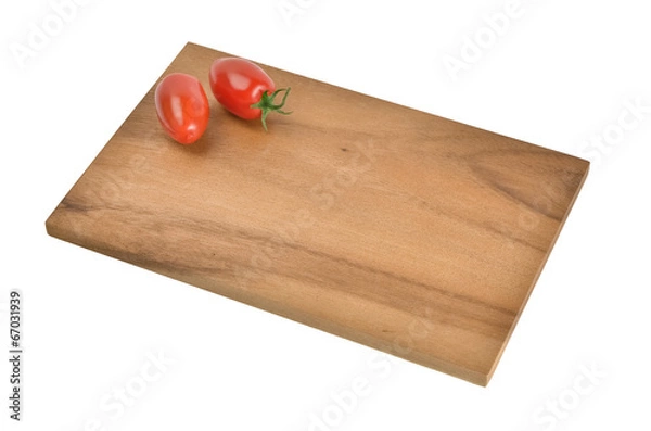 Fototapeta Frühstücksbrett aus Holz mit Deko auf weiss