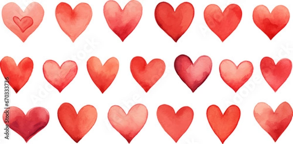 Fototapeta Set watercolor hearts isolated on white background. . Isolated objects perfect for Valentine's day card or romantic post cards.