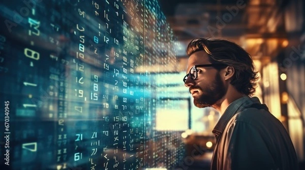 Obraz Man in glasses looking at a code that shows some numbers with programer.