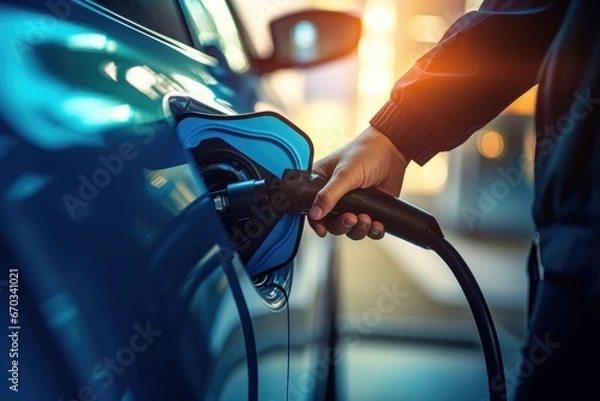 Obraz Person is plugging an electric car with a charger.