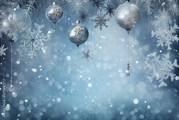 Obraz Sparkling silver and blue background with icy snowflakes and ornaments