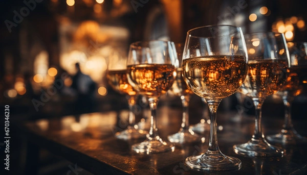 Fototapeta Luxury bar celebrates with elegant wine glasses and champagne flutes generated by AI