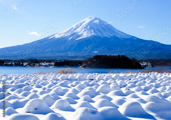 Obraz 河口湖から富士山と雪景色