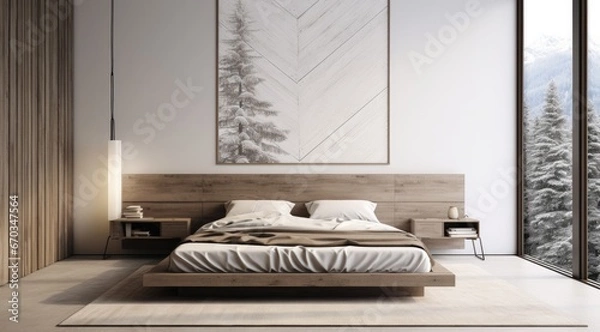 Obraz Flat white wall with grey wood bed frame.
