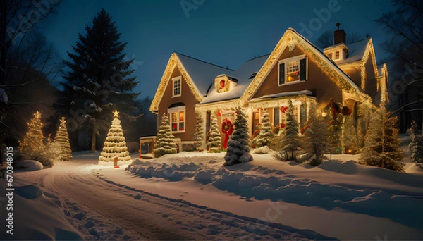 Fototapeta View of a house at night illuminated with Christmas lights, featuring a snow-covered path with pine trees around