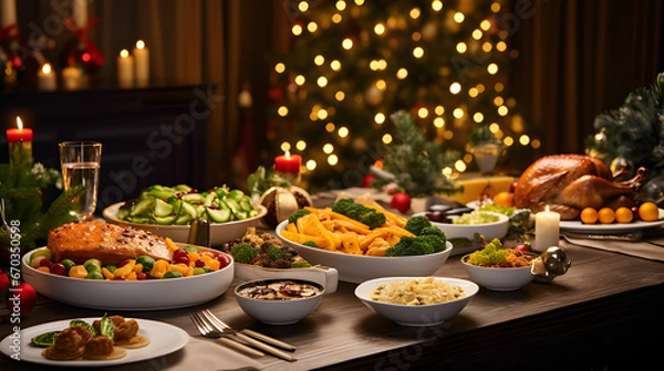 Fototapeta christmas table setting with christmas decorations.