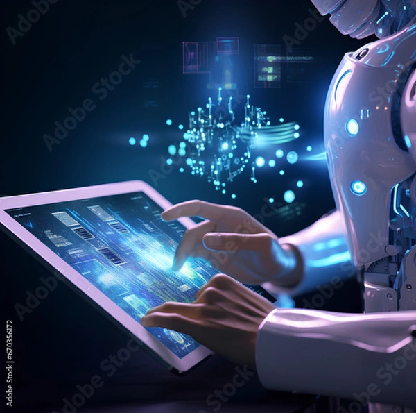 Fototapeta Laptop, ai, virtual reality, robot, augmented reality, 3d, illustration (Generative AI)