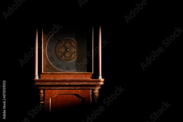 Fototapeta Close-up of the dial of an antique grandfather clock in a dark room, illuminated by light from the window.