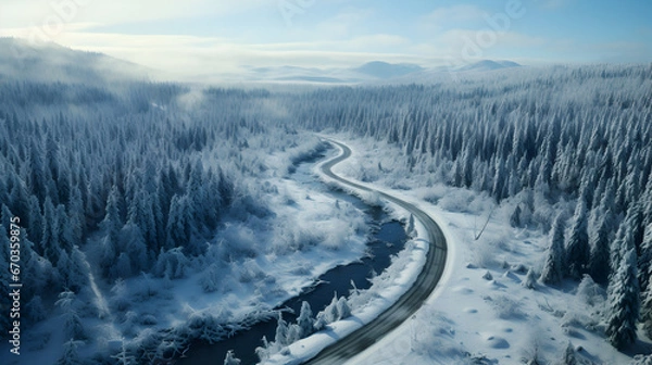 Fototapeta  A meandering, snow-covered road winding through a dense forest. The top-down aerial view reveals the intricate curves and patterns formed by the road, surrounded by a blanket of untouched snow.