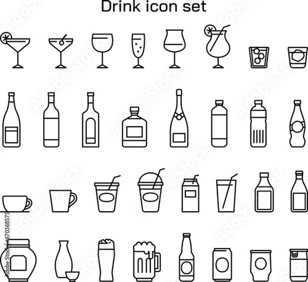 Fototapeta ドリンクのアイコンイラストセット　シンプル　線画　飲み物　飲食　広告　白背景　アルコール　白黒