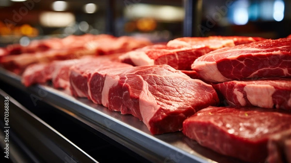 Fototapeta Close up of fresh meat on display in supermarket, shallow depth of field