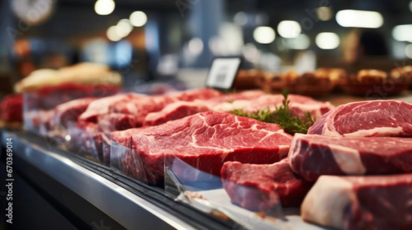 Fototapeta Close up of fresh meat on display in supermarket, shallow depth of field