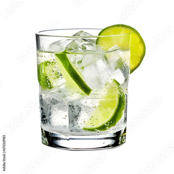 Fototapeta Gin tonic with sliced lime in glass isolated on transparent background Generative AI