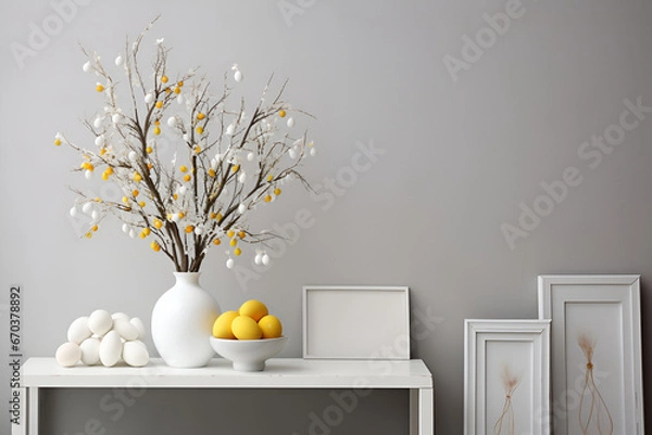 Fototapeta Home interior with easter decor. Pussy willow branches in a vase, white and yellow eggs on the white table. Minimalist, scandinavian style. Space for text
