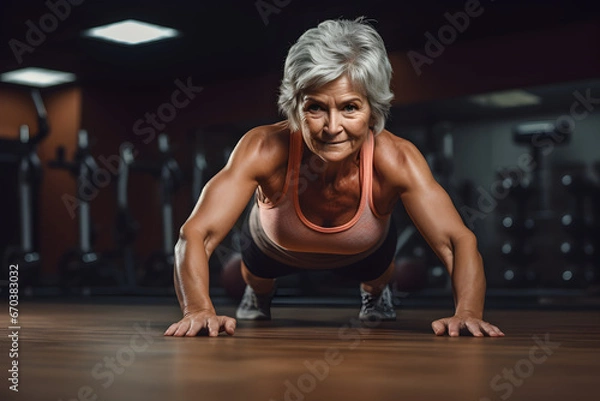 Fototapeta Athletic elderly muscular woman doing pushup exercise in gym