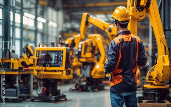 Fototapeta Inżynierowie sprawdzają i kontrolując robotykę spawalniczą automatyczną maszynę zbrojeniową w fabrycznej motoryzacyjnej przemysłowej. Rozmyty cyfrowy operacja produkcji. Digital AI. Przemysł 4.0, cyfrowa sztuczna inteligencja