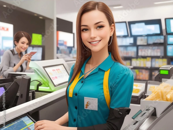 Fototapeta Smiling, young and attractive saleswoman, cashier serving customers. AI generative.