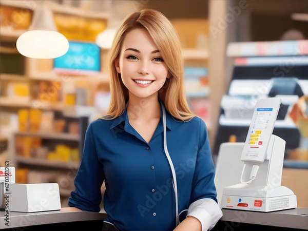 Fototapeta Smiling, young and attractive saleswoman, cashier serving customers. AI generative.