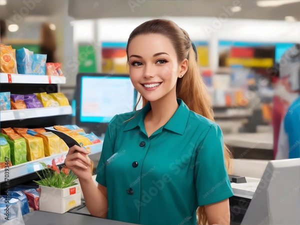 Fototapeta Smiling, young and attractive saleswoman, cashier serving customers. AI generative.