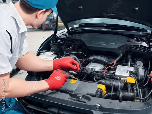 Fototapeta Technician Hands of car mechanic working repair in auto repair Service electric battery and Maintenance of car battery. Check the electrical system inside the car.