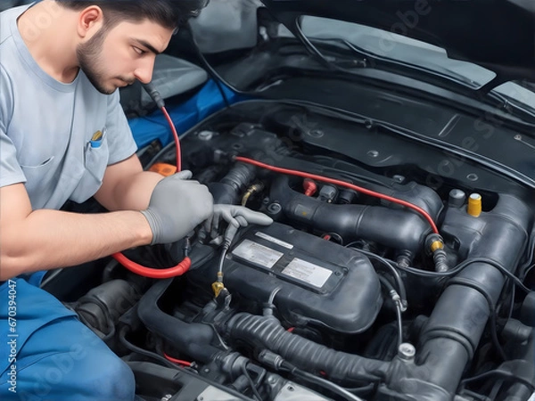 Fototapeta Technician Hands of car mechanic working repair in auto repair Service electric battery and Maintenance of car battery. Check the electrical system inside the car.