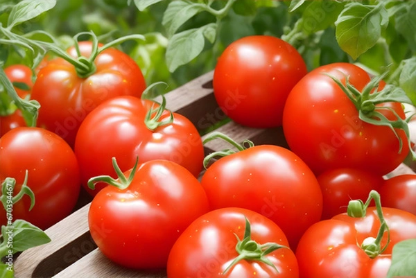 Fototapeta Fresh tomatoes picked from the bush. AI generative.