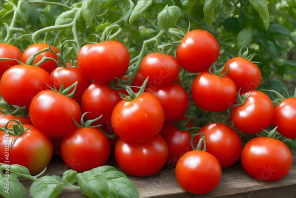Fototapeta Fresh tomatoes picked from the bush. AI generative.