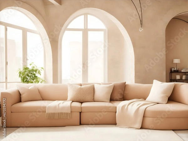 Fototapeta Loft home interior design of modern living room. beige sofa with terra cotta pillows against arched window near stucco wall with copy space.