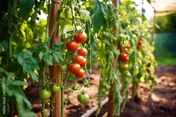 Fototapeta a vegetable patch with ripe tomatoes dangling