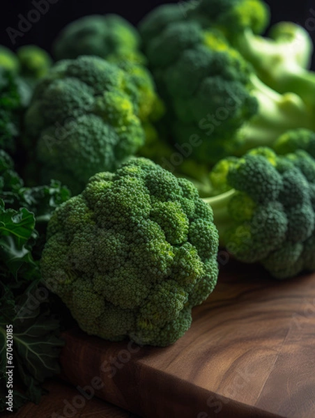 Obraz Fresh green broccoli on a dark brown background