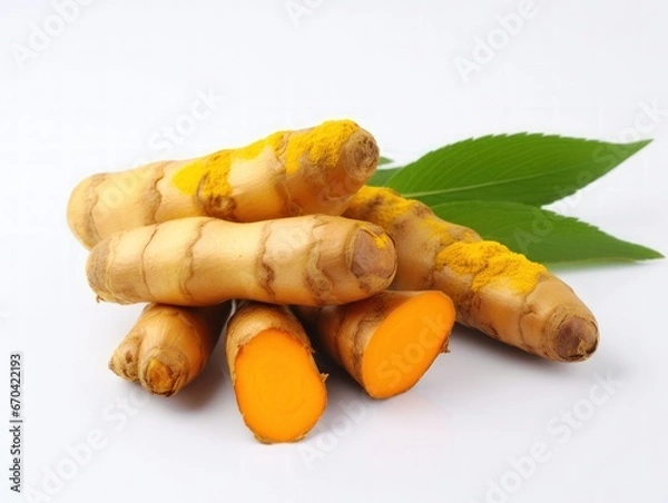 Obraz Turmeric (Curcuma longa Linn) rhizome (root) sliced with green leaves isolated on white background