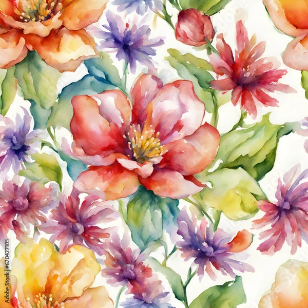 Obraz Watercolor flowers, bright colors, seamless pattern04