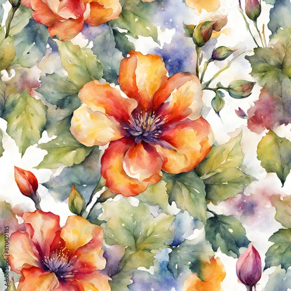 Obraz Watercolor flowers, bright colors, seamless pattern02