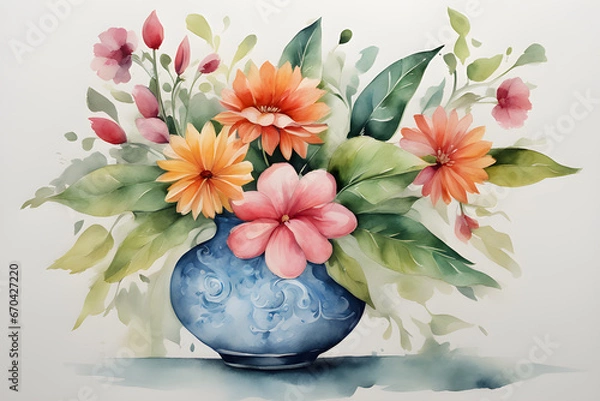 Obraz Picture of flowers in a vase, watercolor painting, bright colors, classic style.02
