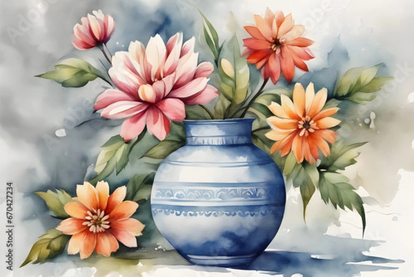 Obraz Picture of flowers in a vase, watercolor painting, bright colors, classic style.03