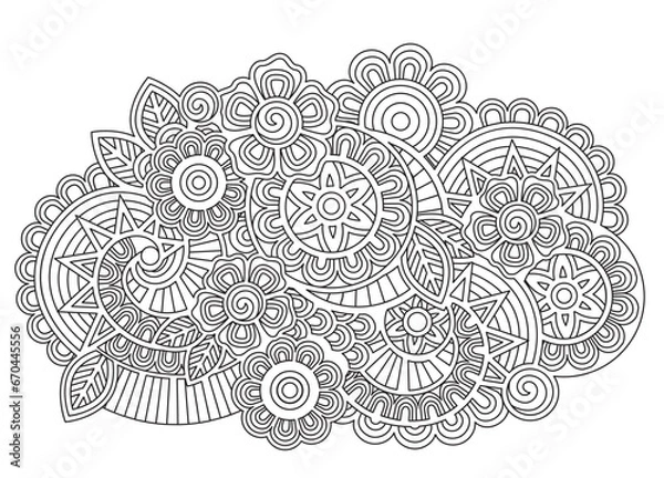 Fototapeta Vector abstract mandala pattern with flowers in a doodle style. Anti-stress coloring book page for adults
