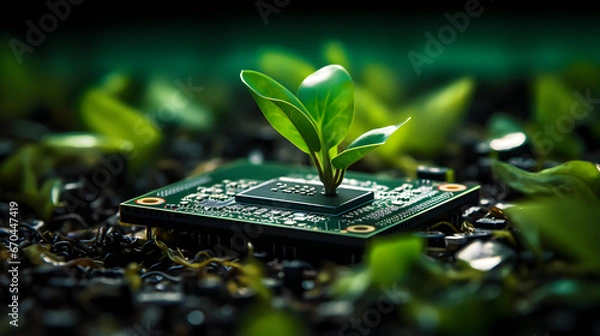 Fototapeta Green Tech: Plant on Circuit Board