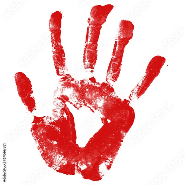 Obraz Bloody hand print isolated on transparent background. Royalty high-quality free stock png image of  Horror scary blood dirty handprint and fingerprint overlay on transparent backgrounds